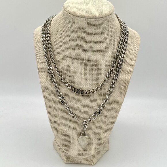 Chunky Curb Chain Necklace Layered Silver Tone Heart Pendant Y2K Streetwear - Picture 2 of 9